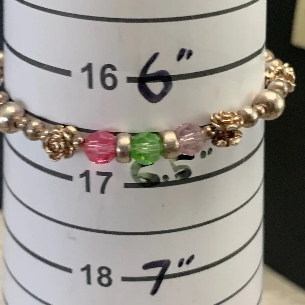 Silver Tone Rose Flower Beaded Bracelet Magnetic Pink Green Crystal 5170